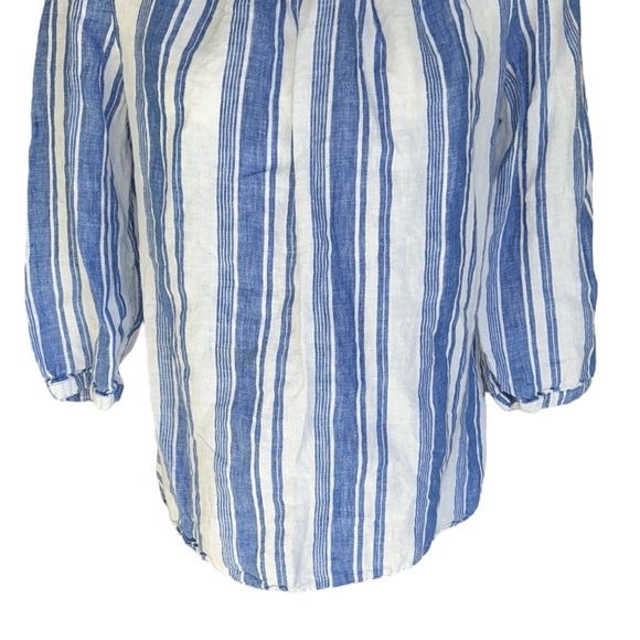 Boden Blue & White Striped Print Linen Button Back 3/4 Sleeve Top Blouse - 8 - Picture 4 of 8